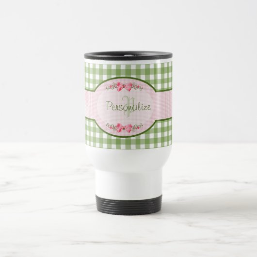 Mug De Voyage Monogramme vert Girly de guingan avec le nom (Centre)