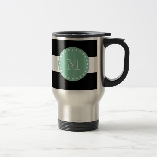 Mug De Voyage Motif à rayures noires, Monogramme vert à menthe (Droit)