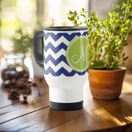 Mug De Voyage Motif Chevron avec Monogram - Navy Lime