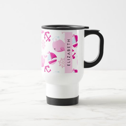 Mug De Voyage Motif De Baleines, Baleines Roses, Votre Nom (Droite)