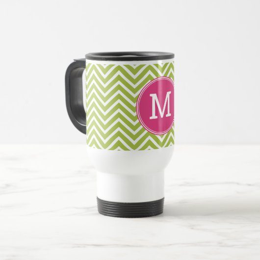Mug De Voyage Motif rose et vert Chevron avec Monogramme (Devant gauche)