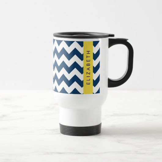Mug De Voyage Navy Blue Zigzag, Navy Blue Chevron, Votre nom (Droite)
