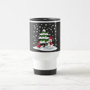 Mug De Voyage Neige tombant sur Cardinal, Snowman et Pine Tree