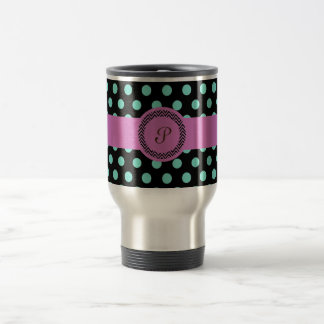 Mug De Voyage Noir vert rose de polkadot de monogramme