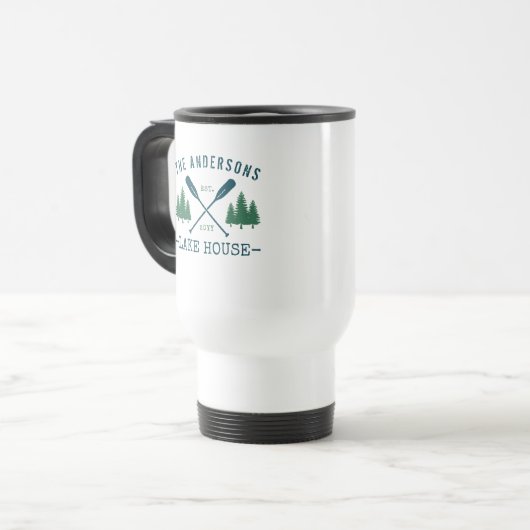 Mug De Voyage Nom de famille Lake House Oars rustiques Pine Tree (Devant gauche)