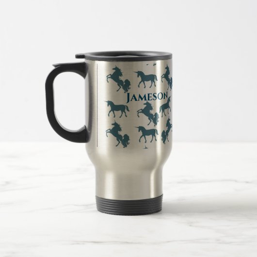 Mug De Voyage Nom des garçons Bleu mou Monogram Unicorn Motif (Gauche)