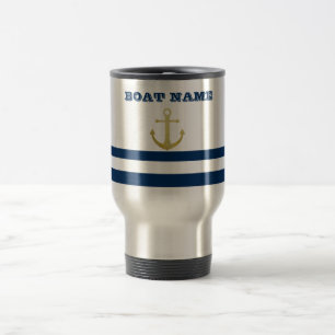 Mug De Voyage Nom du bateau nautique, Ancre d'or Bleu de la Mari