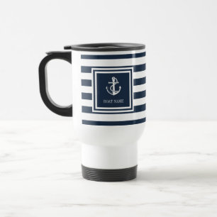 Mug De Voyage Nom du bateau rayure bleu marine ancre nautique