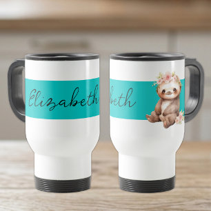 Mug De Voyage Nom personnalisé joli paresseux noir turquoise