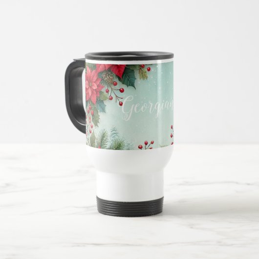 Mug De Voyage Nom personnalisé Noël Floral Aquarelle Poinsettia (Devant gauche)