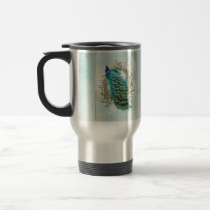 Mug De Voyage oiseau minable vintage de belle turquoise de paon