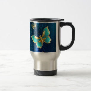 Mug De Voyage Papillons d'or sur un Arrière - plan bleu