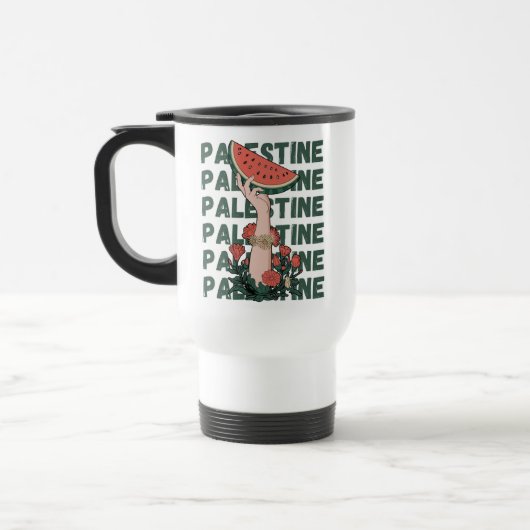 Mug De Voyage pastèque, fleurs et palestine Texte Répéter (Gauche)