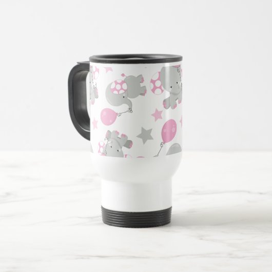 Mug De Voyage Pattern of Elephants, Cute Elephants - Pink Gray (Devant gauche)
