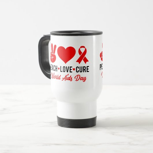 Mug De Voyage Peace Love Cure | Sensibilisation au sida (Devant gauche)