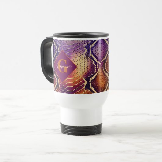 Mug De Voyage Peau de serpent chatoyante en violet et or monogra (Devant gauche)