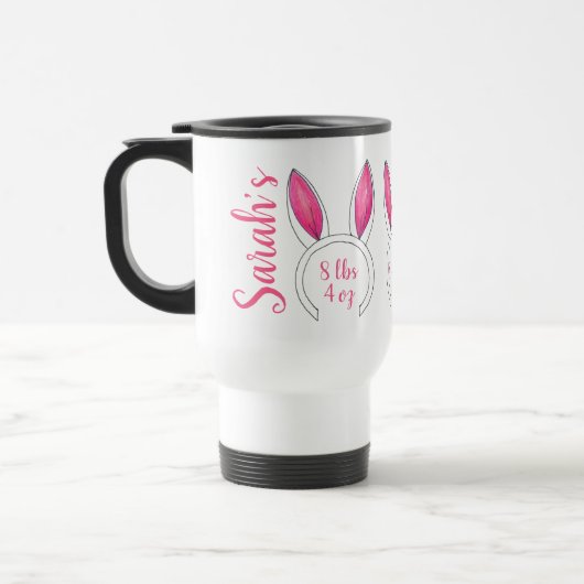 Mug De Voyage Petit lapin Personnalisé Nouveau bébé Faire-part (Gauche)