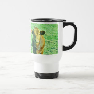 Mug De Voyage Peu vache Brown dans l'herbe verte en pastel