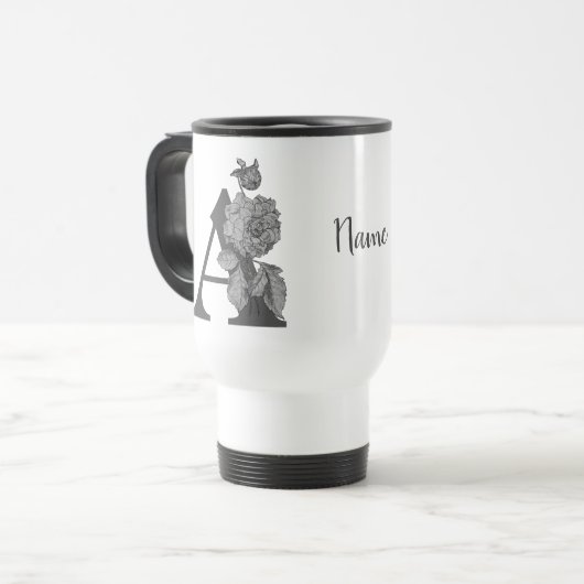Mug De Voyage Pivoine argentée Elégant monogramme initial A Nom  (Devant gauche)