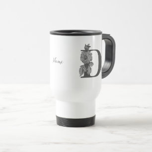 Mug De Voyage Pivoine argentée Élégant monogramme initial D Nom