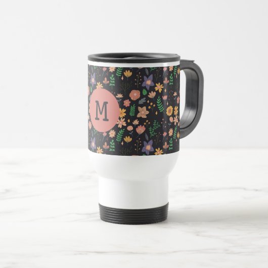 Mug De Voyage Pretty Modern Dark Floral Pattern Monogram (Devant droit)