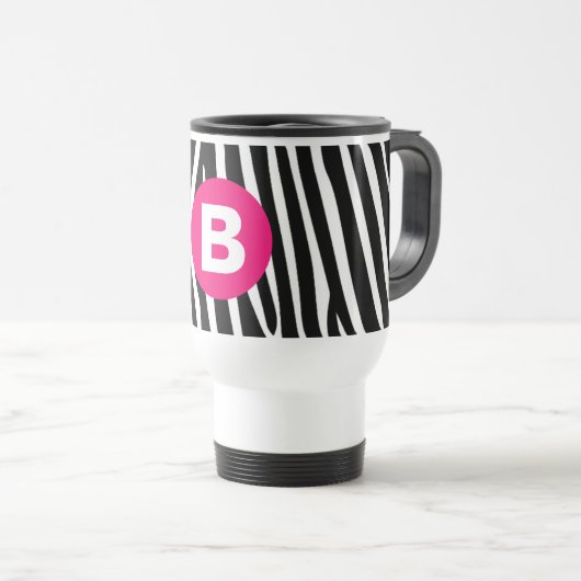 Mug De Voyage Rayures Classiques de Zèbre Monogramme Rose Clair (Devant droit)