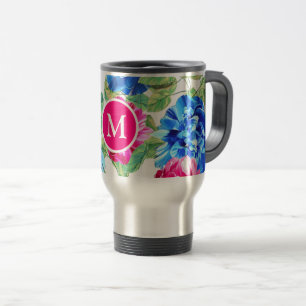 Mug De Voyage Rose Clair et Bleu Floral Joliment Monogrammé