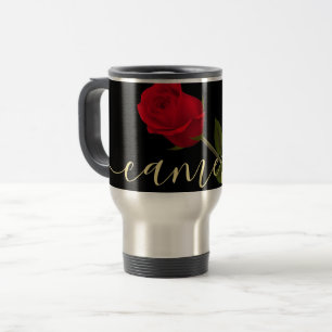 Mug De Voyage Rose Rouge Sur Monogramme Noir Et Or