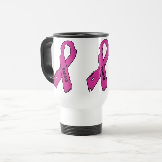 Mug De Voyage Ruban déchiré / Badass...Cancer du sein (Devant gauche)
