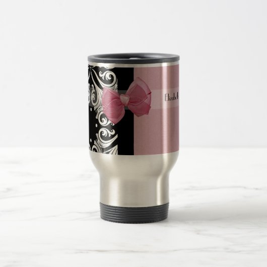 Mug De Voyage Ruban rose Damask Parisien Avec Nom (Centre)