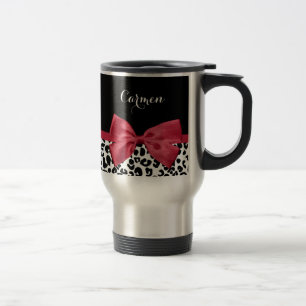 Mug De Voyage Ruban rouge vif Empreinte de léopard avec nom