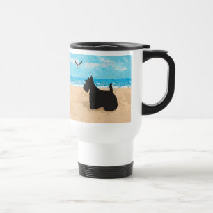 Mug De Voyage Scottie à la plage avec une mouette