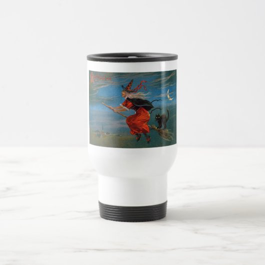 Mug De Voyage Sorcière volant avec chat noir la nuit d'Halloween (Centre)