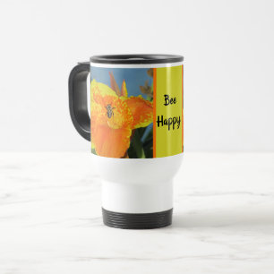 Mug De Voyage Soyez heureux Cheerful Bee Pun Jaune Orange Fleur