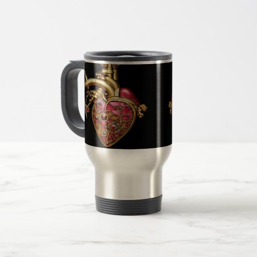 Mug De Voyage Steampunk Coeur Anatomique rubis et engrenages (Devant gauche)
