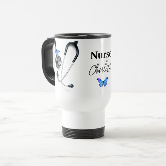 Mug De Voyage Stethoscope Bleu papillon Infirmière Docteur (Devant gauche)