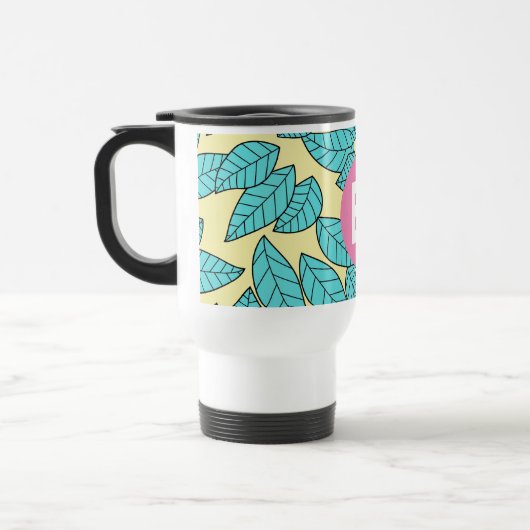 Mug De Voyage Teal Leaves Botanical Pattern Bright Pink Monogram (Gauche)