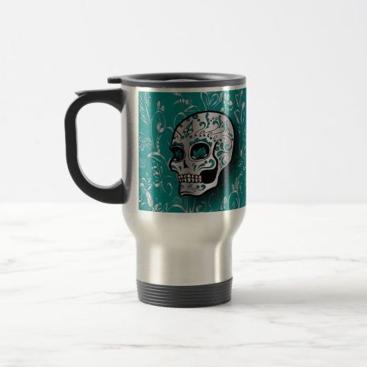 Mug De Voyage Teal lunatique et crâne argenté de sucre (Gauche)