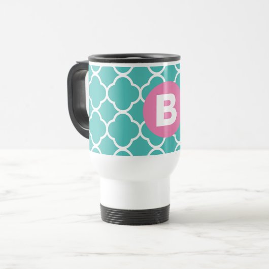 Mug De Voyage Teal Quatrefoil Pattern Custom Pink Monogram (Devant gauche)