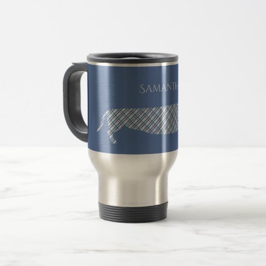 Mug De Voyage Teckel de plaid sur le bleu (Devant gauche)