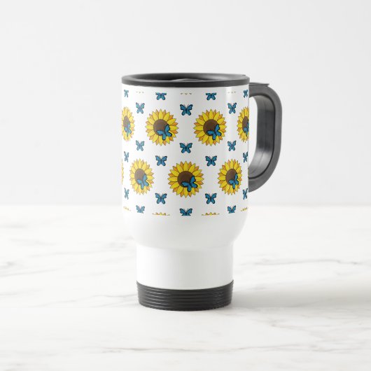 Mug De Voyage Tournesol et papillon bleu (Devant droit)