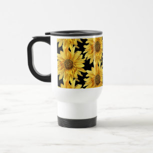 Mug De Voyage Tournure Florale Jaune Tournesol sur Fond Noir