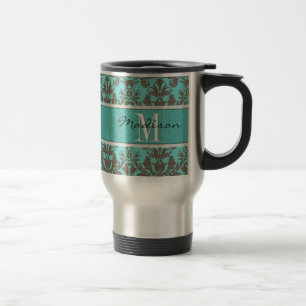 Mug De Voyage Turquoise bleu turquoise & Brown Damas, personnali