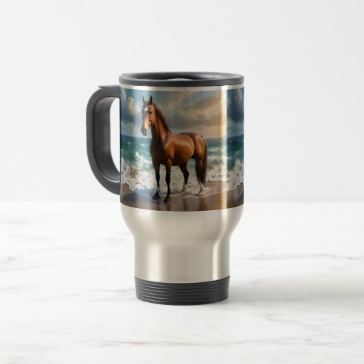 Mug De Voyage Un Étonnant Cheval Brown Sur La Plage, (Devant gauche)