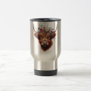Mug De Voyage Vache des hautes terres mignonne, florale/printani