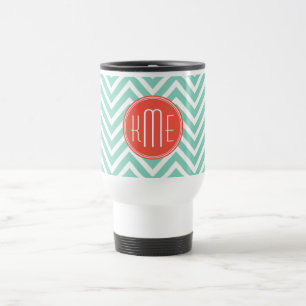 Mug De Voyage Vert chic Chevron d'Aqua et monogramme fait sur