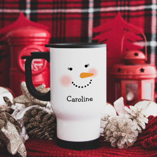 Mug De Voyage Visage de Bonhomme de Neige Heureux Cils Nom Voyag