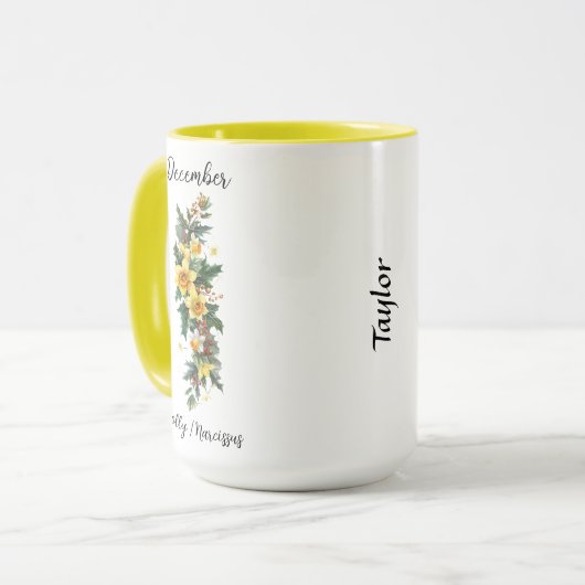 Mug Décembre Fleur de naissance Holly et Narcissus (Devant gauche)
