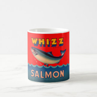 Mug decorated with vintage Alaskan salmon  label Koffiemok