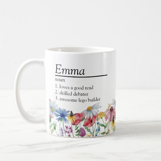 Mug Définition de nom avec bordure de fleurs sauvages (Gauche)
